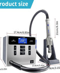 Pro Grade 1000W Hot Air Rework Station With Digital LCD Display, precise controls, and dimensions shown for soldering tool