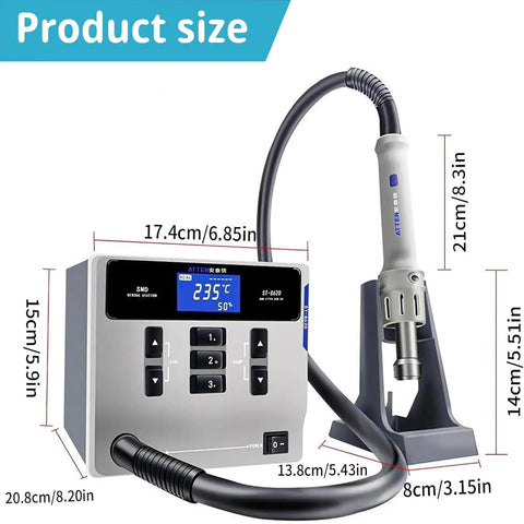 Pro Grade 1000W Hot Air Rework Station With Digital LCD Display, precise controls, and dimensions shown for soldering tool