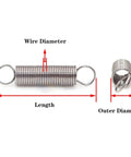 Top Tier 10 Pc Super Dual Hook Extension Springs Made For Heavy Duty Use Wire Size .6mm By 8mm Outer Diameter shown with measurements.