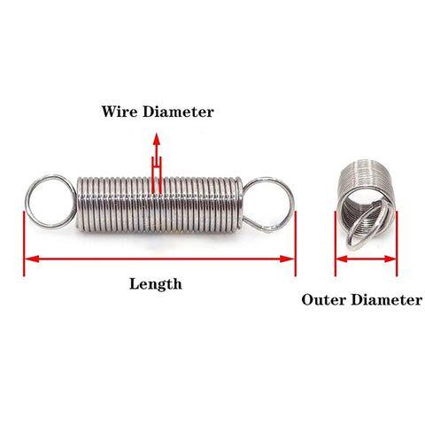 Top Tier 10 Pc Super Dual Hook Extension Springs Made For Heavy Duty Use Wire Size .6mm By 8mm Outer Diameter shown with measurements.