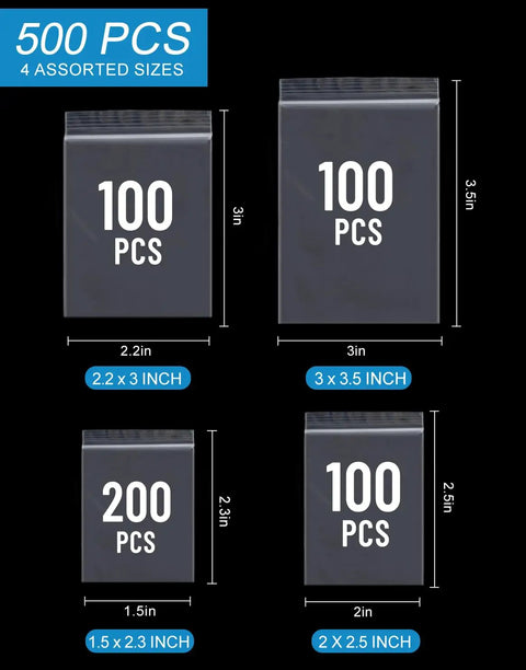 500 Pack Small Clear Resealable Plastic Bags With Four Size Options For Jewelry Candy Pills And More, shown in grouped sizes.