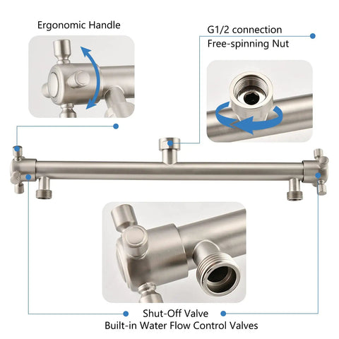 Double Shower Head With Built In Valve For High Pressure Showering 6 Settings Dual Shower Head Design brushed nickel valves