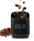 Pro Grade Ultra Precise 0.1g Coffee Scale With Dosing Cup displaying LED, coffee beans and grounds shown cascading