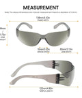 Measurement details of Bulk 30 Pack Rimless Safety Glasses Grey Wrap Around Style Ansi Z87 Plus impact resistant gear.