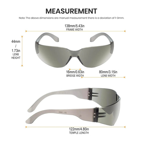 Measurement details of Bulk 30 Pack Rimless Safety Glasses Grey Wrap Around Style Ansi Z87 Plus impact resistant gear.