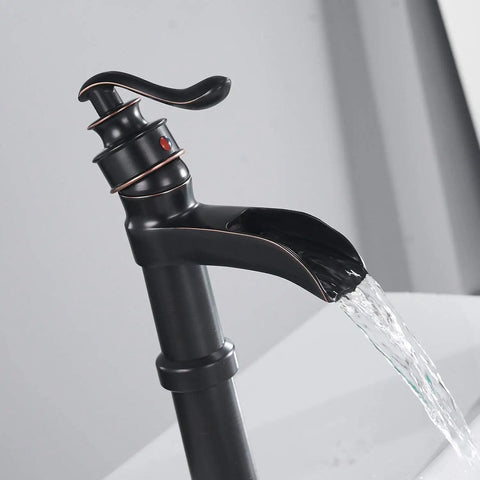 Oil Rubbed Bronze Vessel Sink Faucet With Tall Waterfall Spout Single Hole Deck Mount One Handle Farmhouse Style Bathroom Faucet