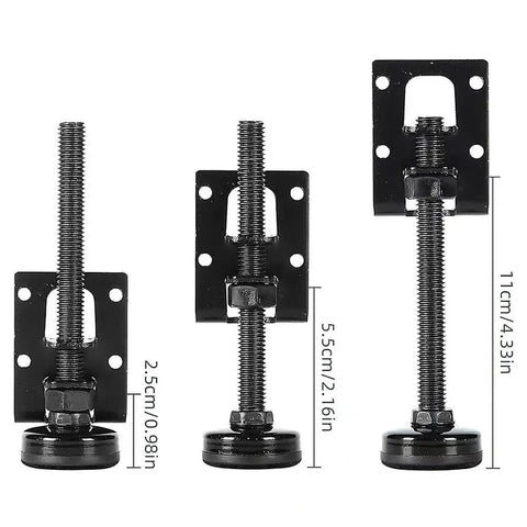 Beefy Adjustable Furniture Leveling Feet 4 Pack Extra Thick Built Different Zero Wobble Support Base image showing three metal feet with varying lengths.