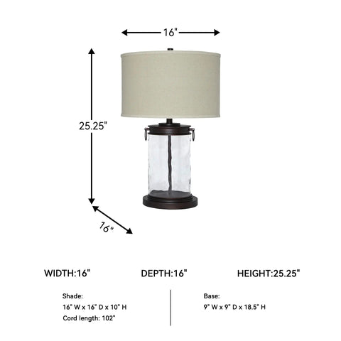 Glass Table Lamp With Bronze Finish Base And Fabric Drum Shade, Hardback Shade, Clear Glass Cylinder, 25.25 Inch Modern Desk Light dimensions