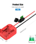 18V Battery Adapter Kit For DIY Ride On Cars And RC Toys, Converts 18V Packs With Switch Fuse Holder, 12 AWG Wire, 30 Amp Fuses, Easy Upgrade Design For Longer Run Time, Red shown with dimensions and 109g weight.