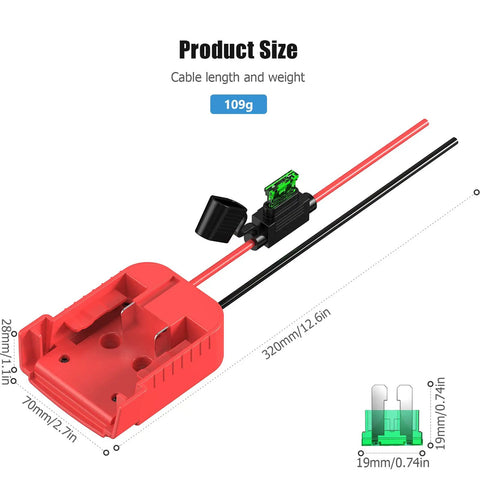 18V Battery Adapter Kit For DIY Ride On Cars And RC Toys, Converts 18V Packs With Switch Fuse Holder, 12 AWG Wire, 30 Amp Fuses, Easy Upgrade Design For Longer Run Time, Red shown with dimensions and 109g weight.