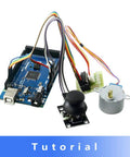Ultimate STEM Electronics Starter Kit with Mega 2560 Board, tutorial guide, jumper wires, and stepper motor components.