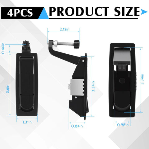 4-pack black zinc-alloy compression latch with raised trigger; front/side views, adjustable grip 0.04-0.94 in