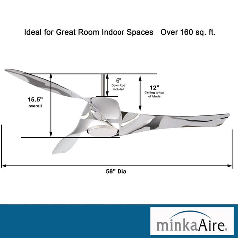 58 Inch Three Blade Ceiling Fan In Liquid Nickel Finish With Etched Opal Glass And Led Light Kit Six Speed Remote Smart Home Ready Hella Quiet Motor Zero Fuss Install dimensions and features diagram