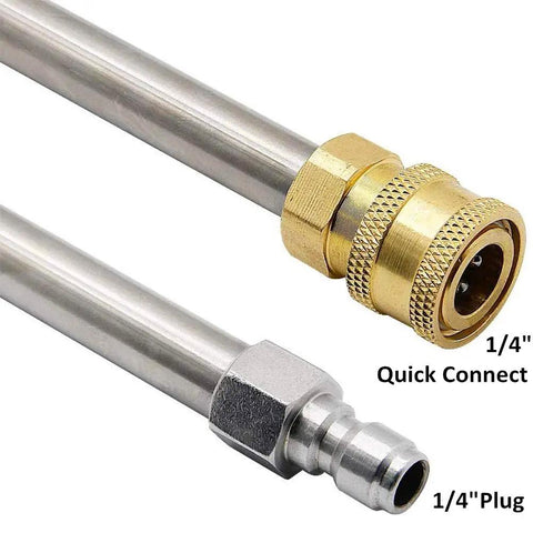 Beefy 13 Inch Undercarriage Cleaner For Pressure Washers extension wands with 1/4 inch quick connect and plug fittings shown close up.