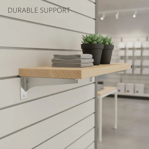 Rock Solid Sturdy Stainless Steel Wall Shelf Bracket Heavy Duty Mount with wooden shelf, folded towels, and potted plants