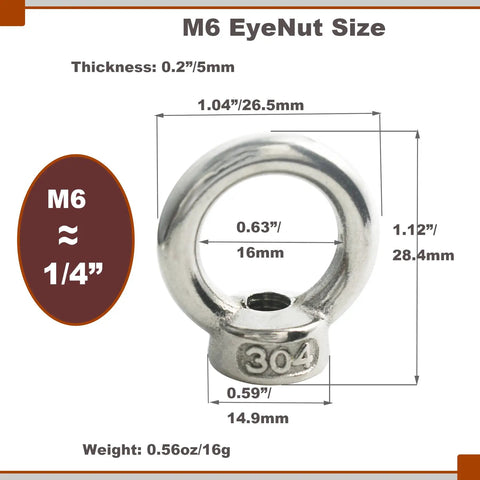 Go Anywhere Stainless M6 Eye Nuts Heavy Duty Shoulder Thread Ring Mounting Fasteners Knockout Quality showing size and dimensions.