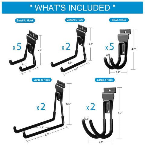 16 Pack Slatwall Hooks For Garage Storage, various sizes of black heavy-duty slat wall hangers with measurements