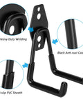 Close-up of black steel garage hook with anti-slip PVC sheath, highlighting features for Six Pack Heavy Duty Garage Hooks With 100 Pound Capacity Steel Utility Hangers For Organizing Garden Tools Ladders Hoses Shovels Bikes Ropes And More Rust Resistant Coated.