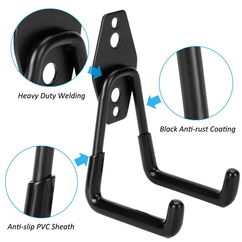Close-up of black steel garage hook with anti-slip PVC sheath, highlighting features for Six Pack Heavy Duty Garage Hooks With 100 Pound Capacity Steel Utility Hangers For Organizing Garden Tools Ladders Hoses Shovels Bikes Ropes And More Rust Resistant Coated.