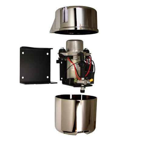 Chrome Bandit Electric Vacuum Pump 12 Volt Underhood Kit showcases chrome housing, rotary vane pump, and mounting plate.
