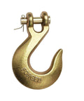 Close-up of a gold forged clevis grab hook with pin from the Twenty Piece Hook Set For 3/8 Inch Grade 70 Clevis Grab Hooks With Pins And Clevis Slip Hooks G70 Tow Chain Wrecker Kit For Truck And Trailer Tie Down Heavy Duty 6600 Lbs Working Load.