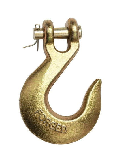 Close-up of a gold forged clevis grab hook with pin from the Twenty Piece Hook Set For 3/8 Inch Grade 70 Clevis Grab Hooks With Pins And Clevis Slip Hooks G70 Tow Chain Wrecker Kit For Truck And Trailer Tie Down Heavy Duty 6600 Lbs Working Load.
