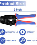 Heavy Duty Ratcheting Terminal Crimper For AWG 22 To 10 Gauge Wire measures 9 inches, featuring ergonomic grips and precision steel jaws.