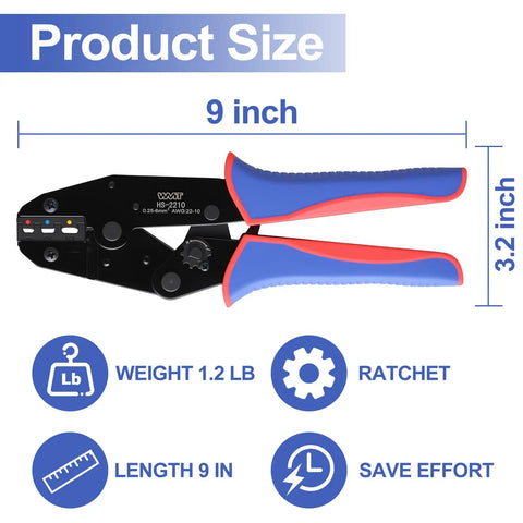 Heavy Duty Ratcheting Terminal Crimper For AWG 22 To 10 Gauge Wire measures 9 inches, featuring ergonomic grips and precision steel jaws.