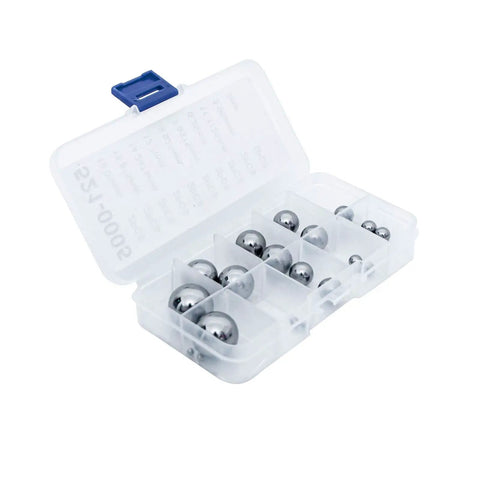 Assorted Chrome Steel Precision Bearing Balls Metric and Imperial Sizes in a clear storage box, suitable for repairs and builds.