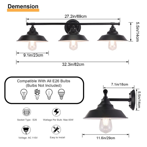 Three Light Bathroom Vanity Light With Industrial Vintage Farmhouse Rustic Style Black Matte Finish Wall Sconce Fixture For Bathrooms And Powder Rooms That Slaps with dimensions and bulb compatibility details.