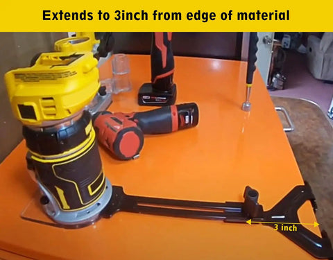 Edge Guide for Fixed Base Compact Router DNP618 with router, extends 3 inches for precise cuts on wood, all iron construction.