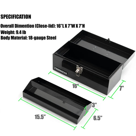 16 Inch Portable Steel Heavy Duty Tool Box With 18 Gauge Construction, Metal Latch And Red Handle, Flat Top Carry Box With Removable Tray For Garage, Shop, And Home DIY Projects open with tray shown