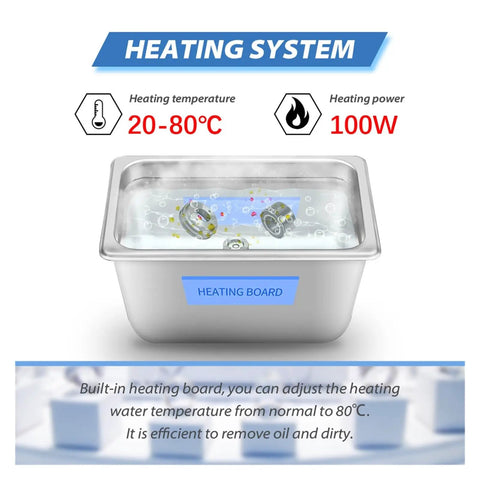 Digital Ultrasonic Cleaner 3 Liter Tank With Heating And Timer features a stainless steel heating system for efficient cleaning.