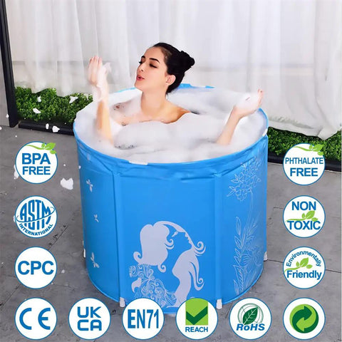 Woman enjoying Portable 31 Inch Folding Spa Tub For Adults Freestanding Non Inflatable Ice Bath Tub With Thickened Thermal Foam