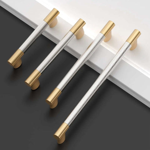 Top Tier Gold And Nickel Knurled Cabinet Handles Heavy Duty Kitchen Pulls No Sweat Install 3 Inch Centers 10 Pack view with four sizes on white background.