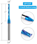 Upcut Spiral Router Bit Set With One Quarter Inch Shank And One Eighth Inch Cutting Diameter Extra Long Three Inch Overall Length Solid Carbide CNC End Mills With Nano Blue Coating For Wood Cutting And Carving Five Pack with detailed measurements.