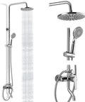 Exposed Chrome Shower System With 8 Inch Rainfall Shower Head, Round Bathroom Fixture, ABS Handheld Sprayer visible with wall mount