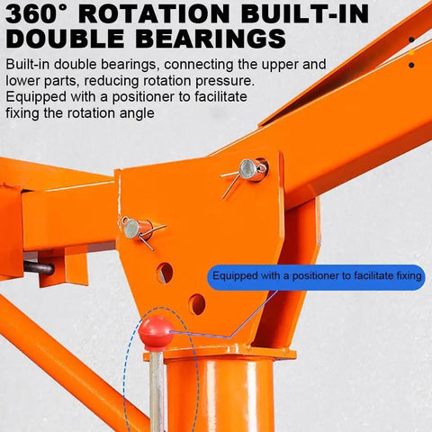 Heavy Duty Electric Hoist Crane With Adjustable Boom And Four Rolling Casters 500Kg Workshop Engine Lifter showing 360° rotation built-in double bearings.