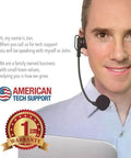 Smiling person with headset promoting American Tech Support and 1-year warranty badge.