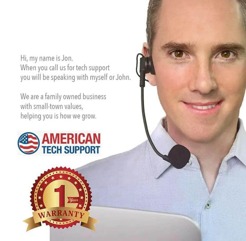 Smiling person with headset promoting American Tech Support and 1-year warranty badge.