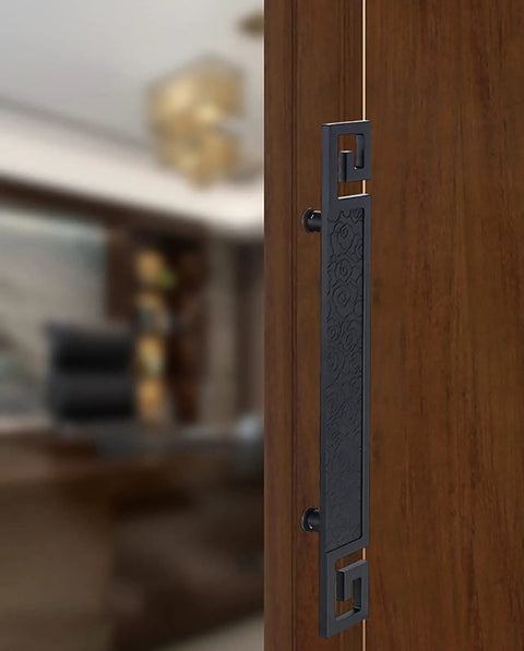 Two Sided Stainless Steel Barn Door Pull Handle For Interior And Exterior Use Oriental Traditional Style installed on wood door