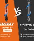 Comparison of LOZAGU impact bit with standard bit, highlighting flexibility, magnetic tips, and durability against breaking under pressure