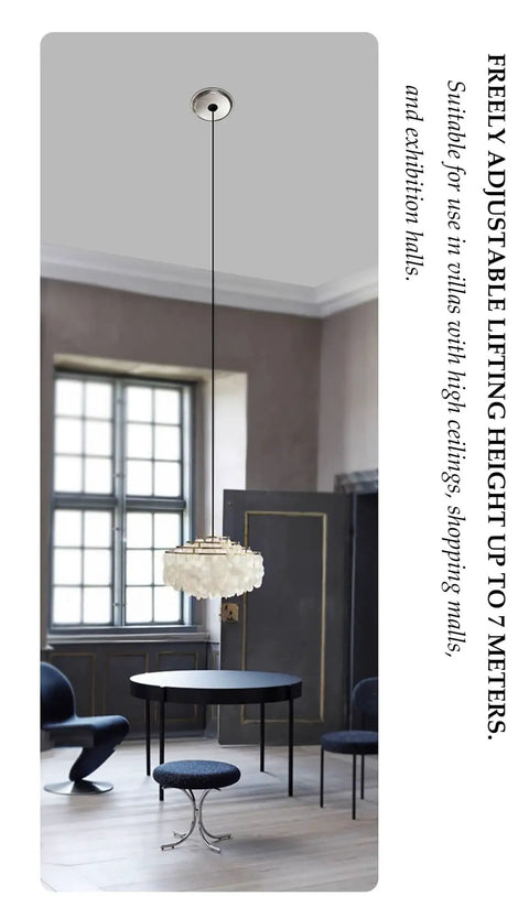 Retractable Pendant Hoist System For Chandeliers With Remote Control in a home dining room setting, 150 kg capacity