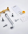 Wall Mount Tub Filler Chrome Faucet with brass construction, double handles, ceramic cartridge, and installation parts displayed