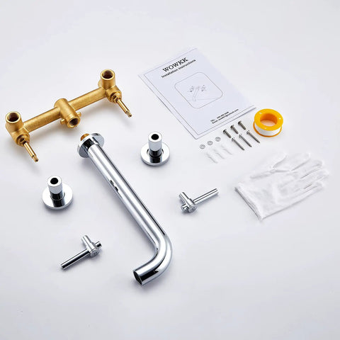 Wall Mount Tub Filler Chrome Faucet with brass construction, double handles, ceramic cartridge, and installation parts displayed