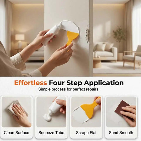 Person using All In One Drywall Repair Kit With Spackle Paste And Scraper For Quick Patch Fixes Hole Patching Patches Wall Mending Solution Nozzle Extenders Sandpaper And Putty Knife Great For Dings And Cracks In Walls on hole in wall