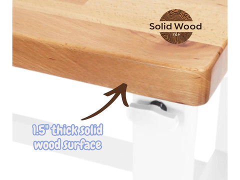 Close-up of the 1.5" thick solid wood surface on the Rock Solid Height Adjustable Workbench With Premium Hardwood Surface.