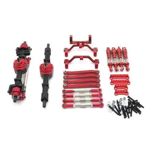 Beefed Up One Twelfth Scale Chassis Frame Upgrade Kit with front rear axle assembly, tie rods, shock absorbers, black metal, MN models