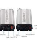 Heavy Duty 600 Watt Power Inverter 12V DC To 110V AC Converter For Trucks And Campers showing USB port, outlets, and cooling fan.