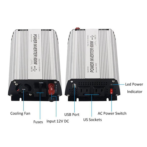Heavy Duty 600 Watt Power Inverter 12V DC To 110V AC Converter For Trucks And Campers showing USB port, outlets, and cooling fan.
